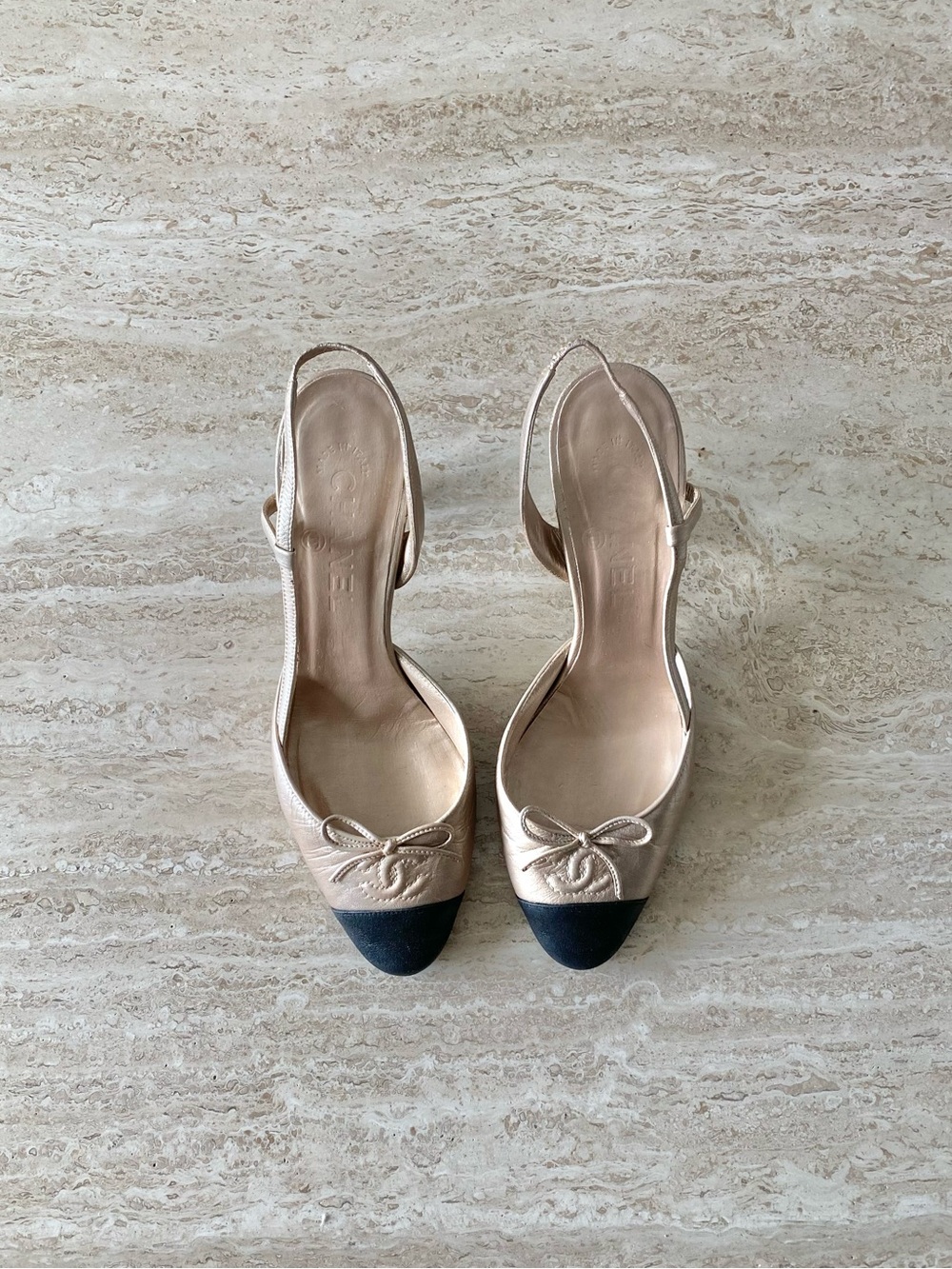 Vintage Chanel CC Bow Cap Toe Slingback Heels